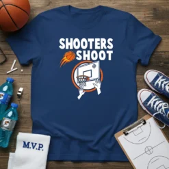 Shooters Shoot basketball quote t-shirt with graphic of a basketball going into a hoop