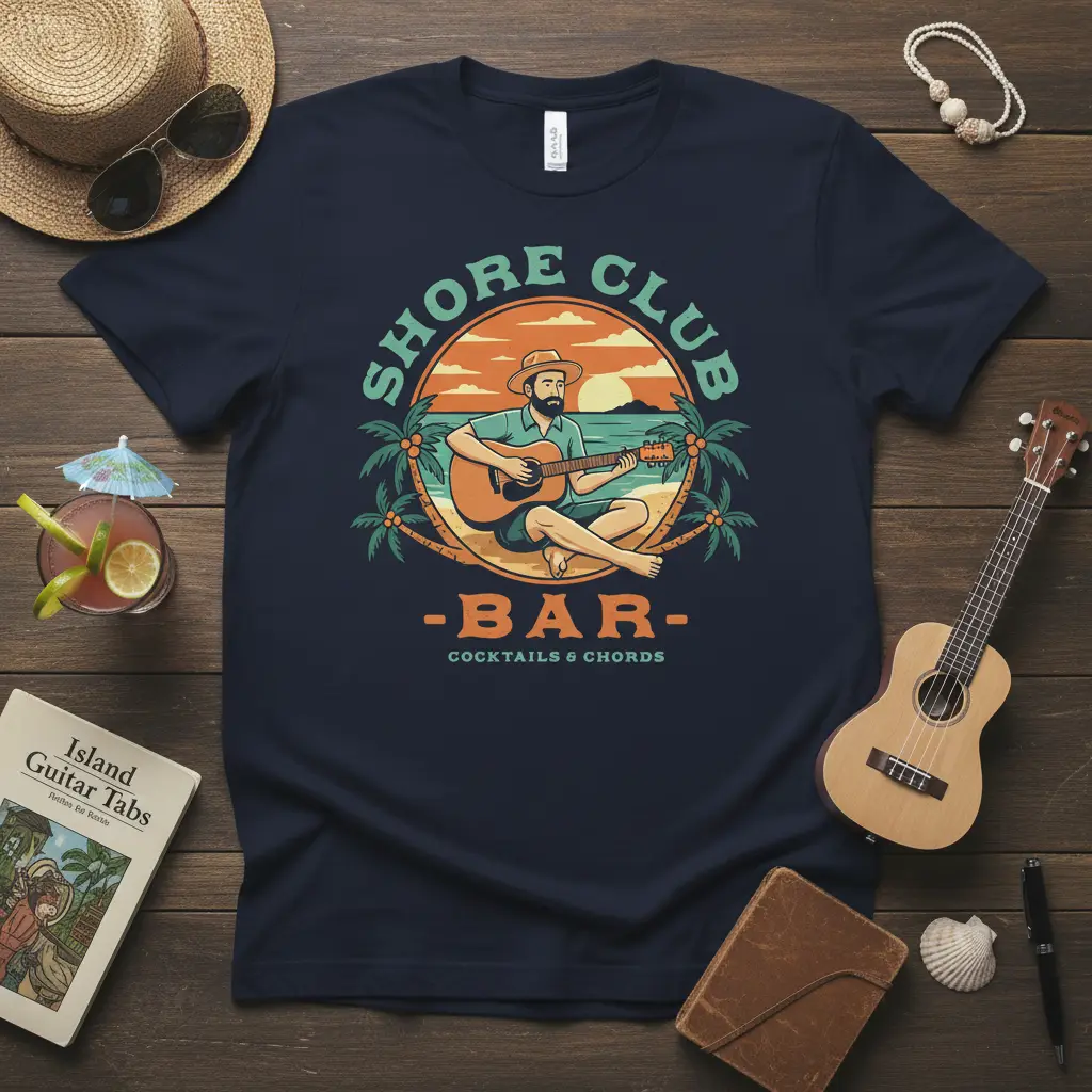 Shore Club Bar Cocktails & Chords design with a man playing guitar on a tropical beach
