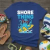 Shore Thing t-shirt design with a cartoon octopus wearing sunglasses surfing on a yellow surfboard in the ocean waves