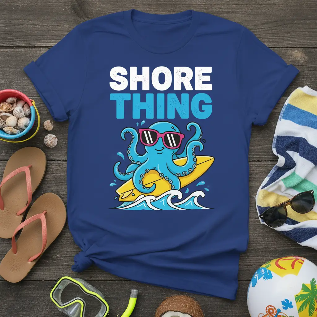Shore Thing text with a surfing octopus graphic, perfect for beach pun lovers and summer vacations