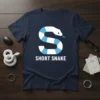 Navy t-shirt with white and blue 'S' shaped snake graphic and "SHORT SNAKE" text below