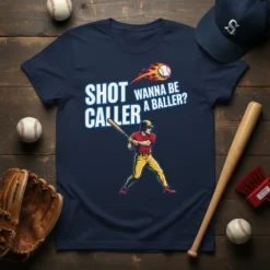 Baseball player swinging bat with "Shot Caller Wanna Be A Baller?" text and flaming baseball graphic