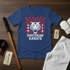 Shotokan Karate t-shirt design with a white tiger head and Japanese characters on a red sunburst background