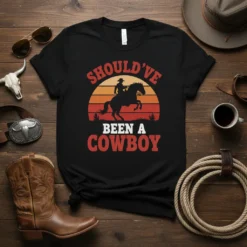 Should've Been A Cowboy t-shirt with retro sunset graphic and horse rider silhouette