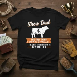 Show Dad T-Shirt with "The Only Thing I Show Is My Wallet" quote and cow graphic with dollar sign