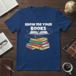 Show Me Your Books quote with a stack of colorful books and an open book graphic on a blue t-shirt