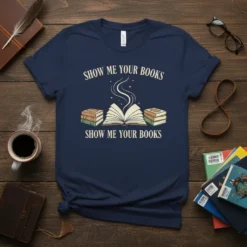 Show Me Your Books T-Shirt design featuring open book graphic and stacked books with white text