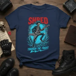 Skeleton guitarist playing electric guitar with text "SHRED THROUGH THE FRIGHT" on a navy t-shirt