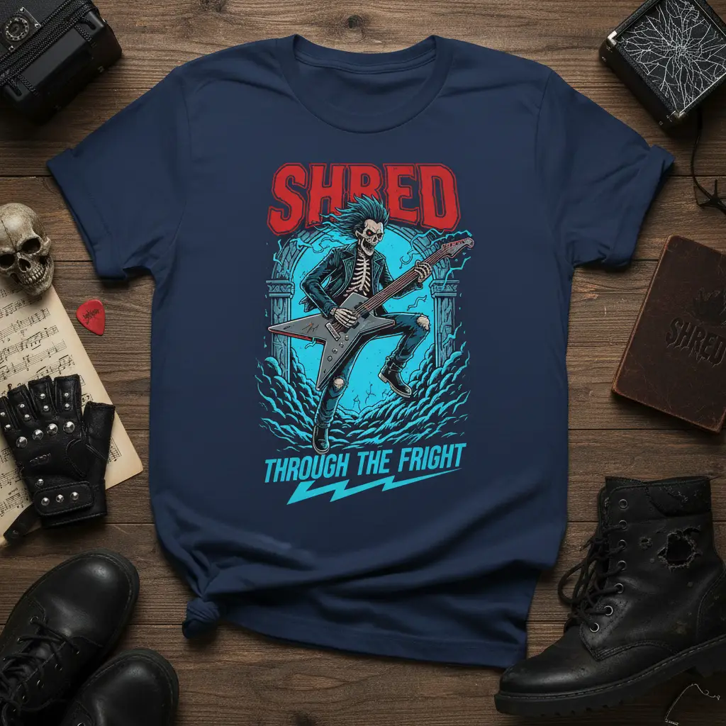 Shred Through the Fright Skeleton Guitarist Tee