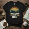 Shreveport Louisiana It's Where My Story Began t-shirt with retro sunset graphic and city skyline