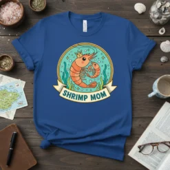 Shrimp Mom t-shirt featuring a mother and baby shrimp design in a circular frame with seaweed and bubbles, and the