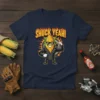 Shuck Yeah! funny biker corn design with flames and sunglasses on a navy blue t-shirt