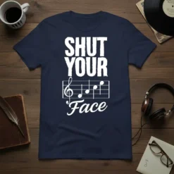 Shut Your Face quote with musical notes on a navy blue t-shirt design for musicians