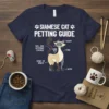 Siamese Cat Petting Guide t-shirt with humorous diagram showing where to pet a Siamese cat, including labels like "OMG YES"