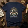 Siamese Cats Royalty & Mystery t-shirt design featuring multiple Siamese cat faces in an arched frame
