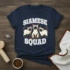 T-shirt design featuring the text "SIAMESE SQUAD" above and below three cartoon Siamese cats