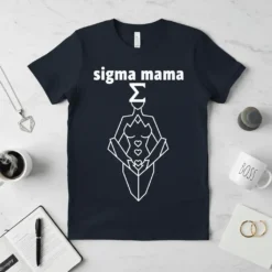 Sigma Mama T-Shirt with Sigma symbol and abstract female figure, white graphic on navy blue tee