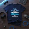 SIGNAL iHi FRONT BACK t-shirt with blue neon signal wave over white cityscape graphic