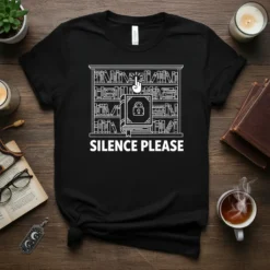 Silence Please T-Shirt design featuring a white outline of a bookshelf with a finger pointing to a book with a