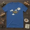 Humorous "Silence.... I Poop On You" text on a t-shirt with a cartoon seagull wearing aviator goggles flying a biplane