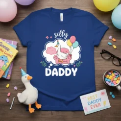 Silly Daddy t-shirt design featuring a goose wearing a party hat on a pink couch, holding balloons
