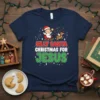 Christian t-shirt design with "Silly Santa Christmas For Jesus" text, featuring a baby in a Santa hat riding a sleigh