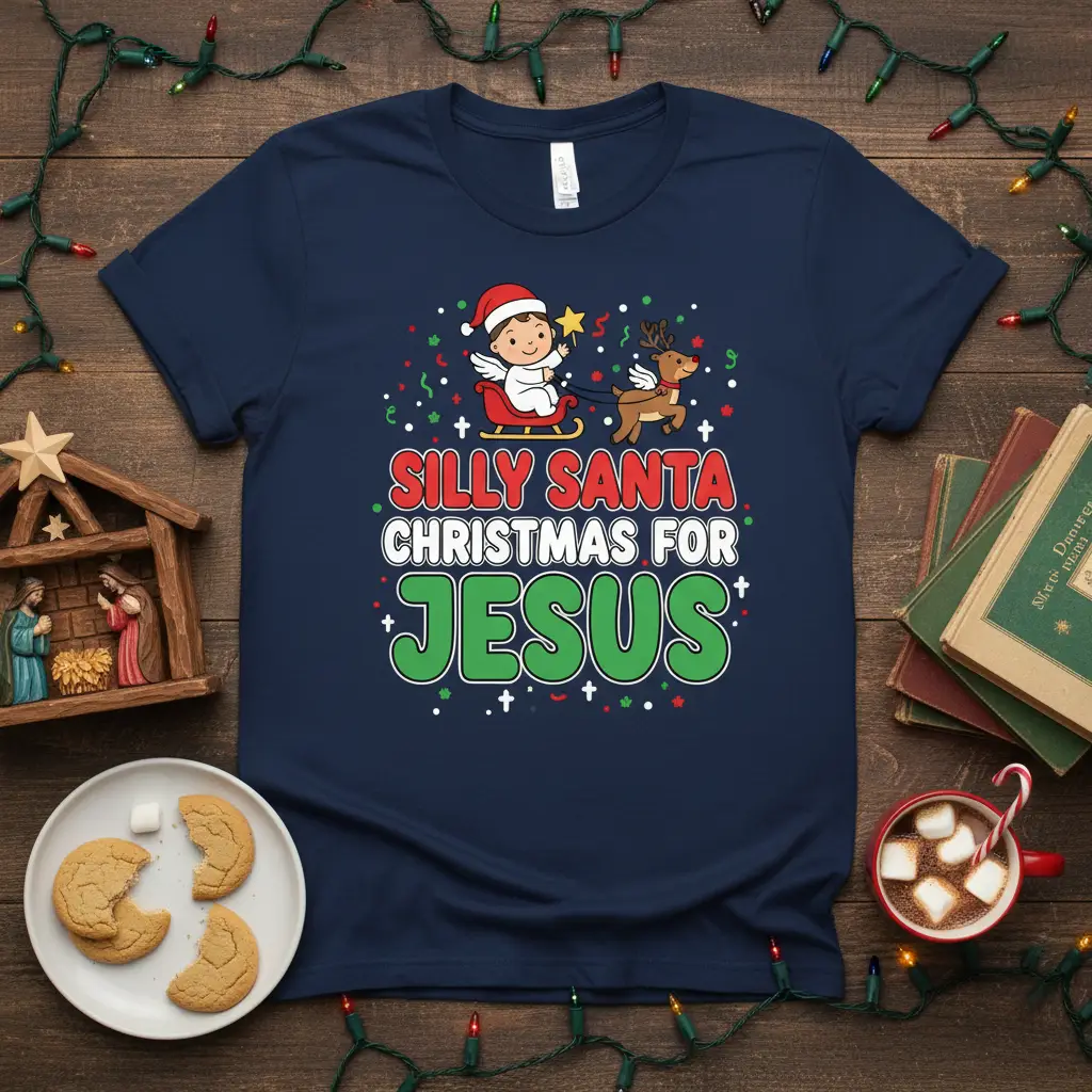 Silly Santa Christmas For Jesus text with baby Santa in sleigh and reindeer graphic on navy t-shirt