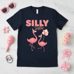 Silly Sister t-shirt with two pink flamingos wearing party hats, holding balloons, and the text "SILLY Sister" in pink
