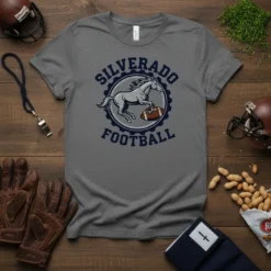 Grey t-shirt with "SILVERADO FOOTBALL" text and a horse graphic holding a football