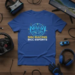 Blue t-shirt featuring "SIM RACING BtCC ESPORTS" text with a futuristic steering wheel and cityscape graphic, representing sim racing and