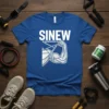 Blue t-shirt with "SINEW" text and graphic of a muscular arm with anatomical sinew lines