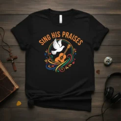 Black t-shirt with "Sing His Praises" text, a white dove, and an acoustic guitar surrounded by colorful musical notes and