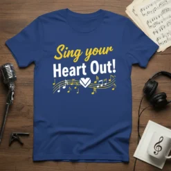 Blue t-shirt with "Sing your Heart Out!" text in yellow and white, featuring musical notes and a heart graphic