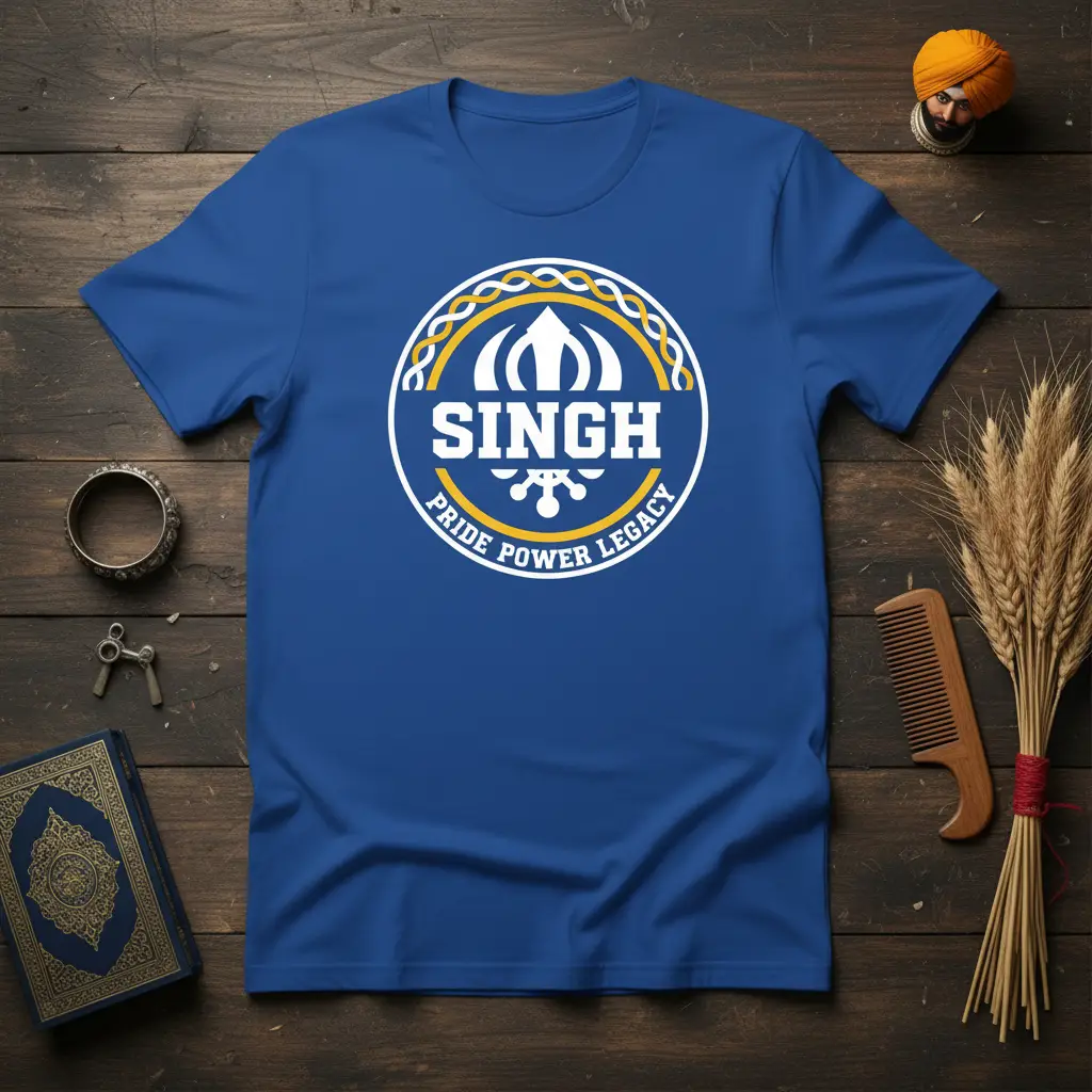 Blue t-shirt featuring the SINGH PRIDE POWER LEGACY circular design with Khanda symbol