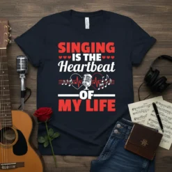 Singing Is The Heartbeat Of My Life text design with microphone, hearts, and musical notes graphic on a navy t-shirt