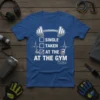 Single Taken At The Gym T-Shirt with checkmark graphic, dumbbell and heartbeat line