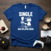Single To Multiplayer Mode gamer wedding t-shirt design featuring a bride and groom with gaming controllers and pixelated heart