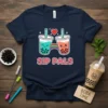 Sip Pals t-shirt design with two cute smiling boba tea cups connected by a rainbow, featuring text "SIP PALS"