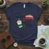 Sips & Trips t-shirt design featuring a coffee cup, coffee beans, and a vintage camper van graphic