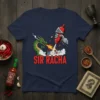 Sir Racha t-shirt design with a green dragon breathing fire towards a knight's hand holding a sriracha bottle