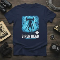 Siren Head Urban Legend text design on a navy blue t-shirt with a silhouette of the creature and lightning background