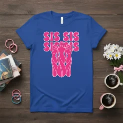 Royal blue t-shirt with pink text "SIS SIS SIS SIS" and a graphic of three intertwined female figures