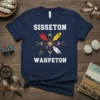 Sisseton Wahpeton t-shirt with white text and a central circular Native American design with four colored feathers