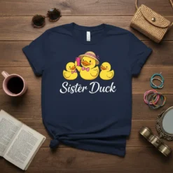 Sister Duck t-shirt design with three cartoon ducks, one taking a selfie, with white text "Sister Duck"