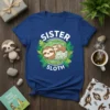 Sister Sloth T-Shirt with cute cartoon sloths nestled together, surrounded by green leaves