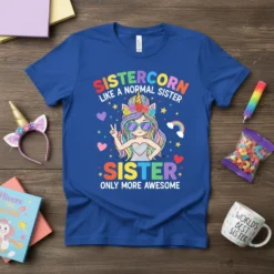 Sistercorn Like A Normal Sister Tee design with a cartoon unicorn girl wearing sunglasses and a rainbow mane, holding up