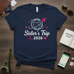 Sister's Trip 2026 t-shirt with globe, airplane, compass, and hearts graphic