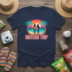 Navy blue t-shirt with a beach sunset graphic and the text "SISTERS TRIP" for a beach vacation