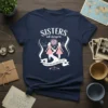 Sisters will always be connected by heart quote on a navy blue t-shirt with graphic of two girls and a
