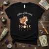 Sisters of the Moon celestial t-shirt with moon phases and a woman's profile graphic